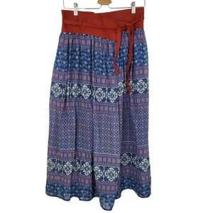 Moussy Blue Burgundy Midi Boho Floral Geometric Wrap Skirt Sz 2